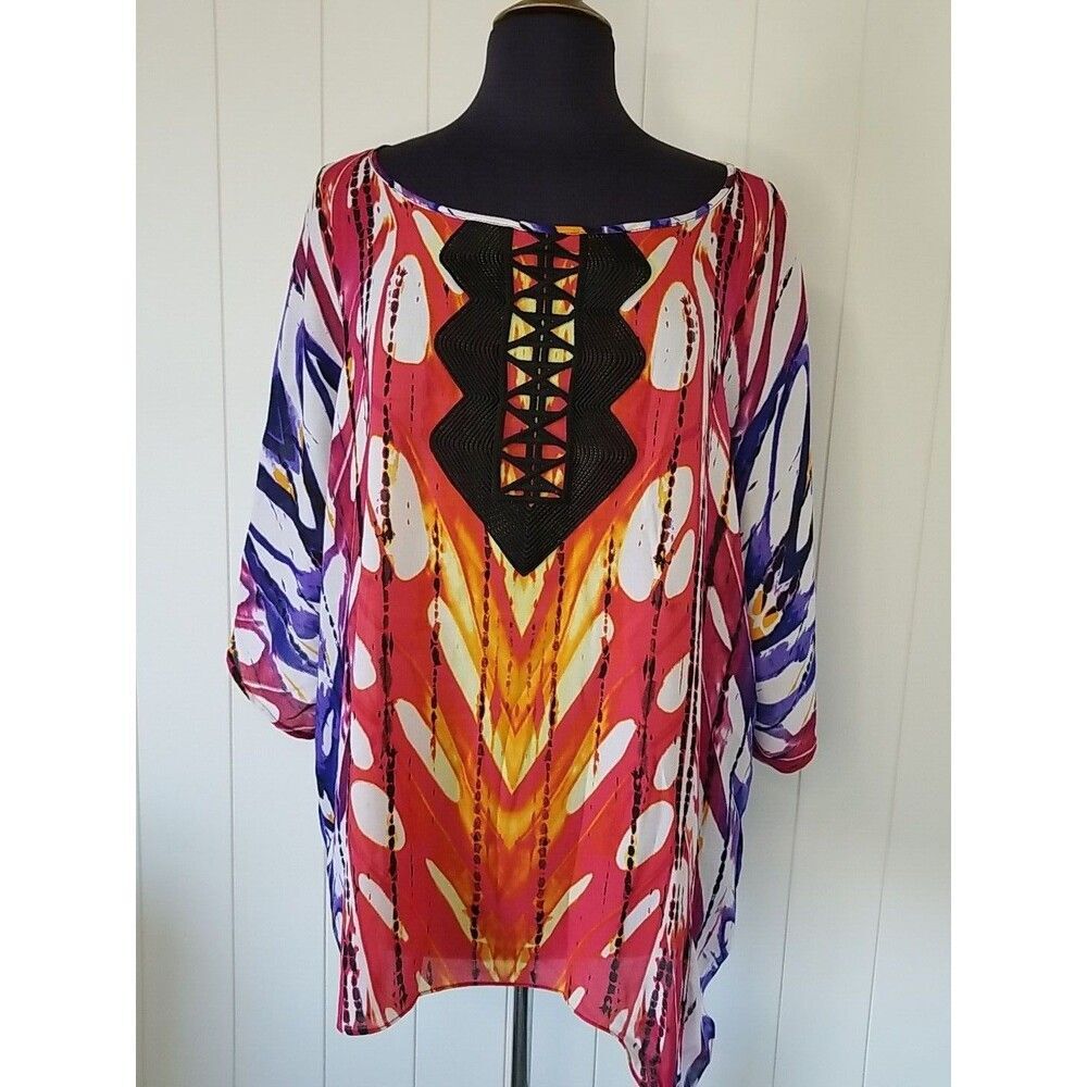 Rafaella Top Women's Plus 3X Colorful Boho Art to Wear